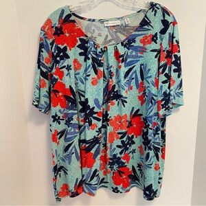 Rafaella Women's Short Sleeve Gold Bead Accent Floral Print Top Plus Size 2X